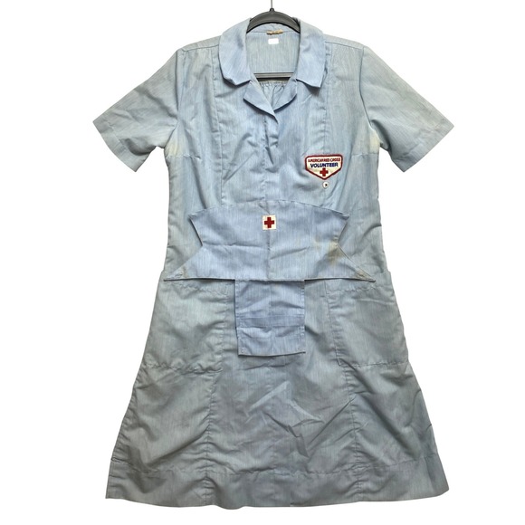 Dresses & Skirts - Vintage American Red Cross Volunteer  Dress L Blue White Uniform Stripe 1940s